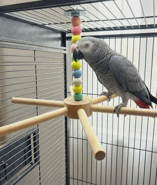 Grote Houten Vogelzitstok met Kleurrijke Kralen en Windmolen - Speelparadijs voor Papegaaien