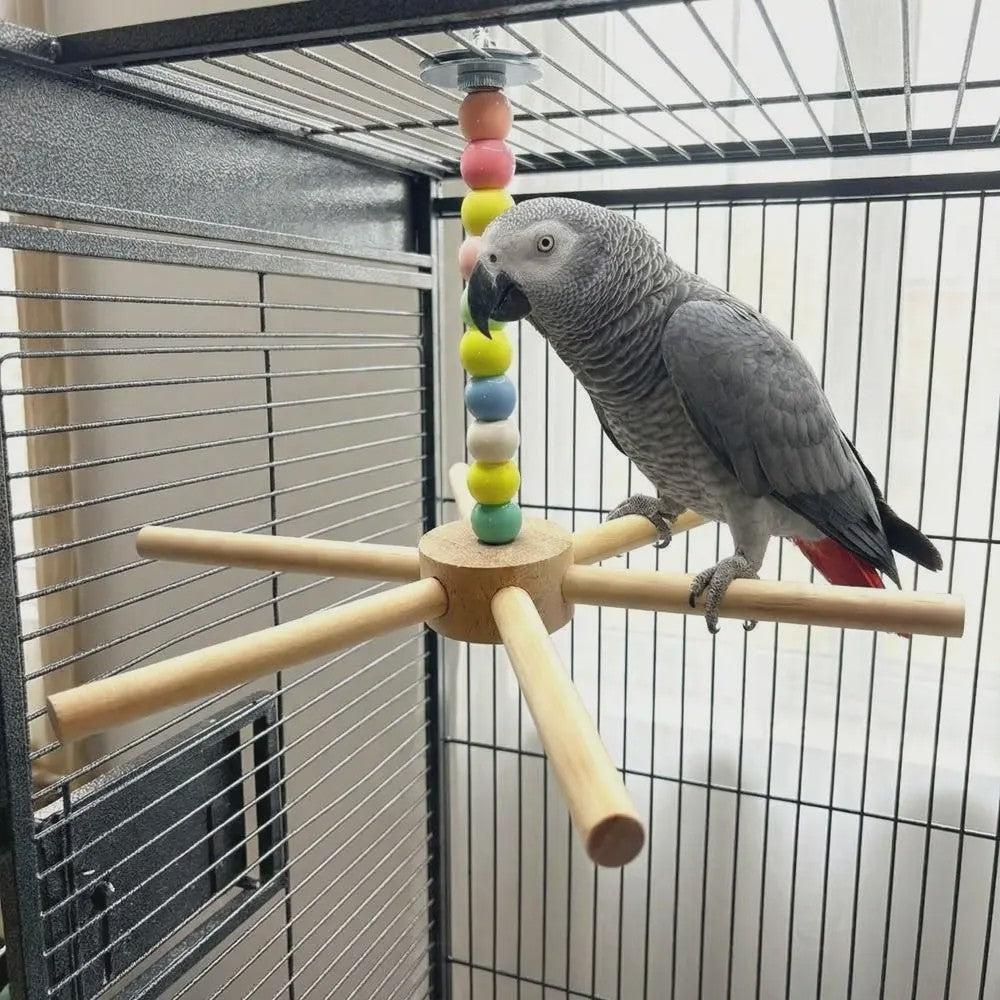 Grote Houten Vogelzitstok met Kleurrijke Kralen en Windmolen - Speelparadijs voor Papegaaien