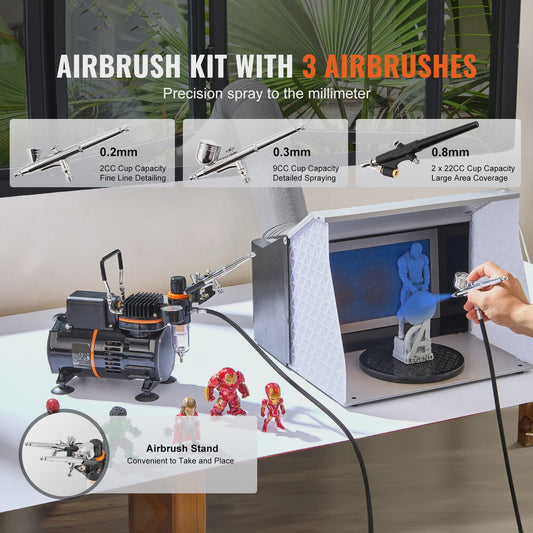 Professionele Airbrush Kit met Dubbele Ventilator Compressor en 3 Airbrushes