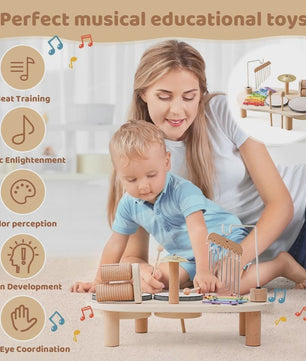 Houten Montessori Muziektafel voor Baby's & Kinderen - Xylofoon, Trommels & Windgong