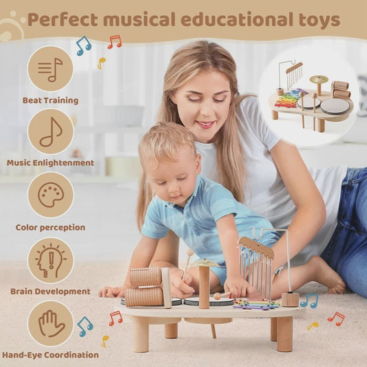 Houten Montessori Muziektafel voor Baby's & Kinderen - Xylofoon, Trommels & Windgong