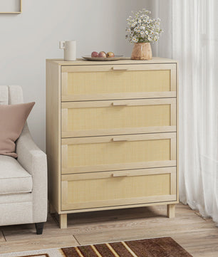 Ladekast 4 Lades met Rotan Fronten - Licht Hout MDF - 80x40x103 cm