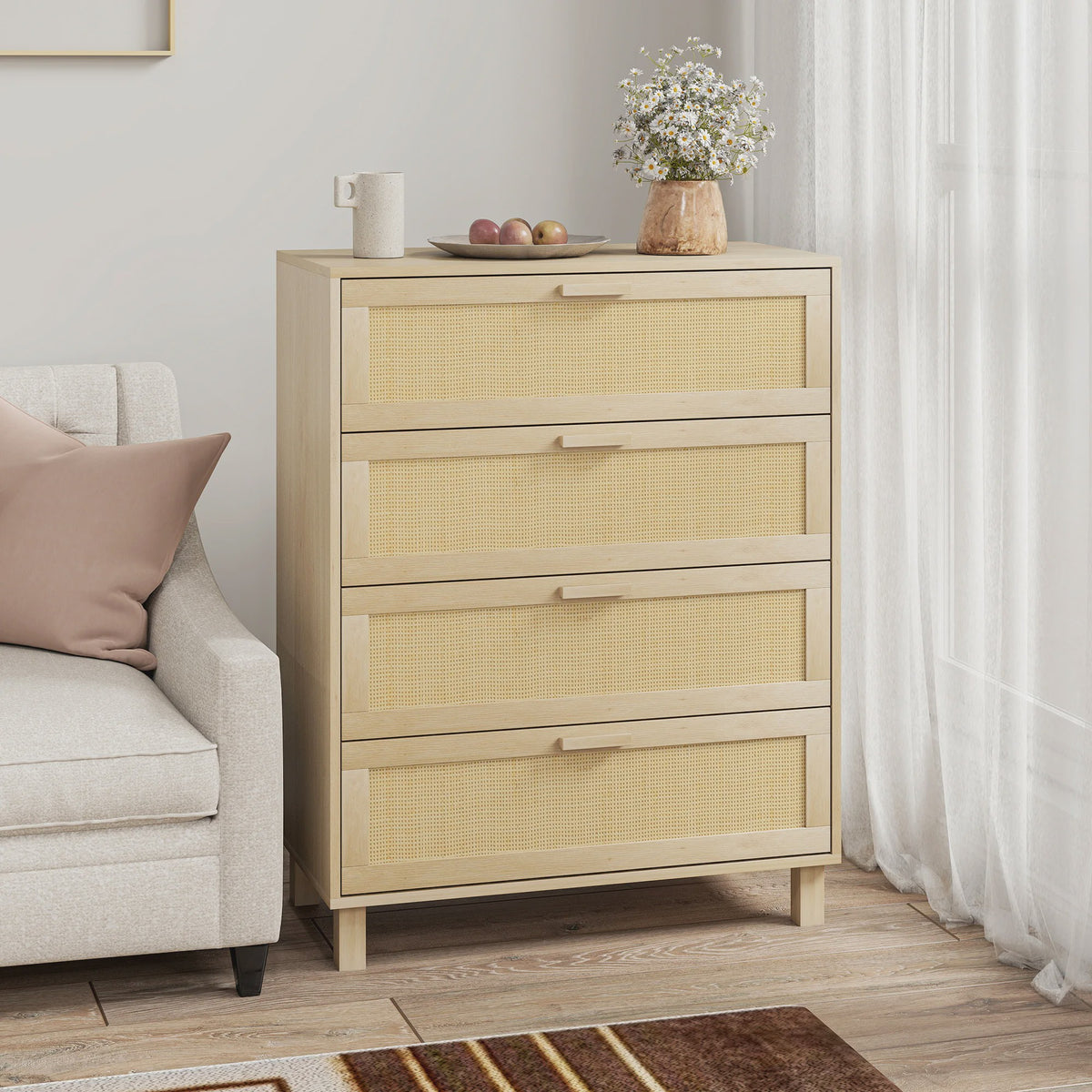Ladekast 4 Lades met Rotan Fronten - Licht Hout MDF - 80x40x103 cm