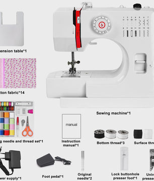 Mini Naaimachine 728 - 14 Steken, Inclusief Tafel & Naaiset - Elektrisch & Omkeerbaar