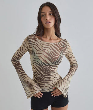 Dames Mesh Shirt met Zebra & Luipaardprint - Off-Shoulder Lange Mouwen