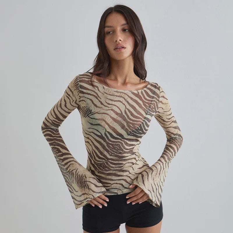 Dames Mesh Shirt met Zebra & Luipaardprint - Off-Shoulder Lange Mouwen