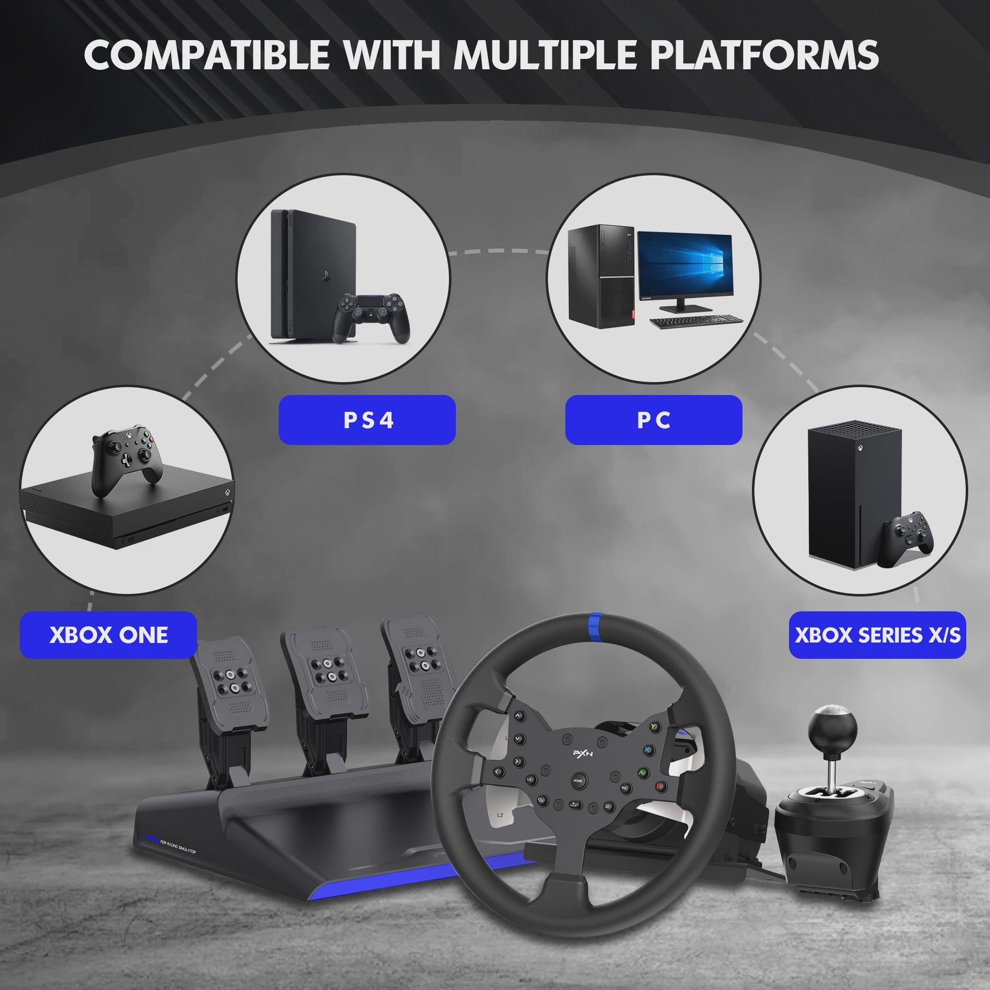 PXN V99 Force Feedback Racestuur met Pedalen en Schakelpook - 270/900 Graden Gaming Stuurwiel