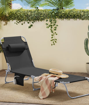 Set van 2 Loungestoelen - Opvouwbaar, Comfortabel met Kussen en Zijvak - Tuin & Terras