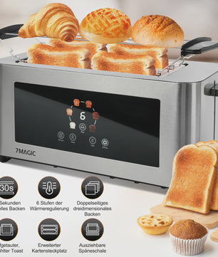 RVS Broodrooster met LCD Touch Display, 1400W, 4 Sneetjes en Broodjeshouder