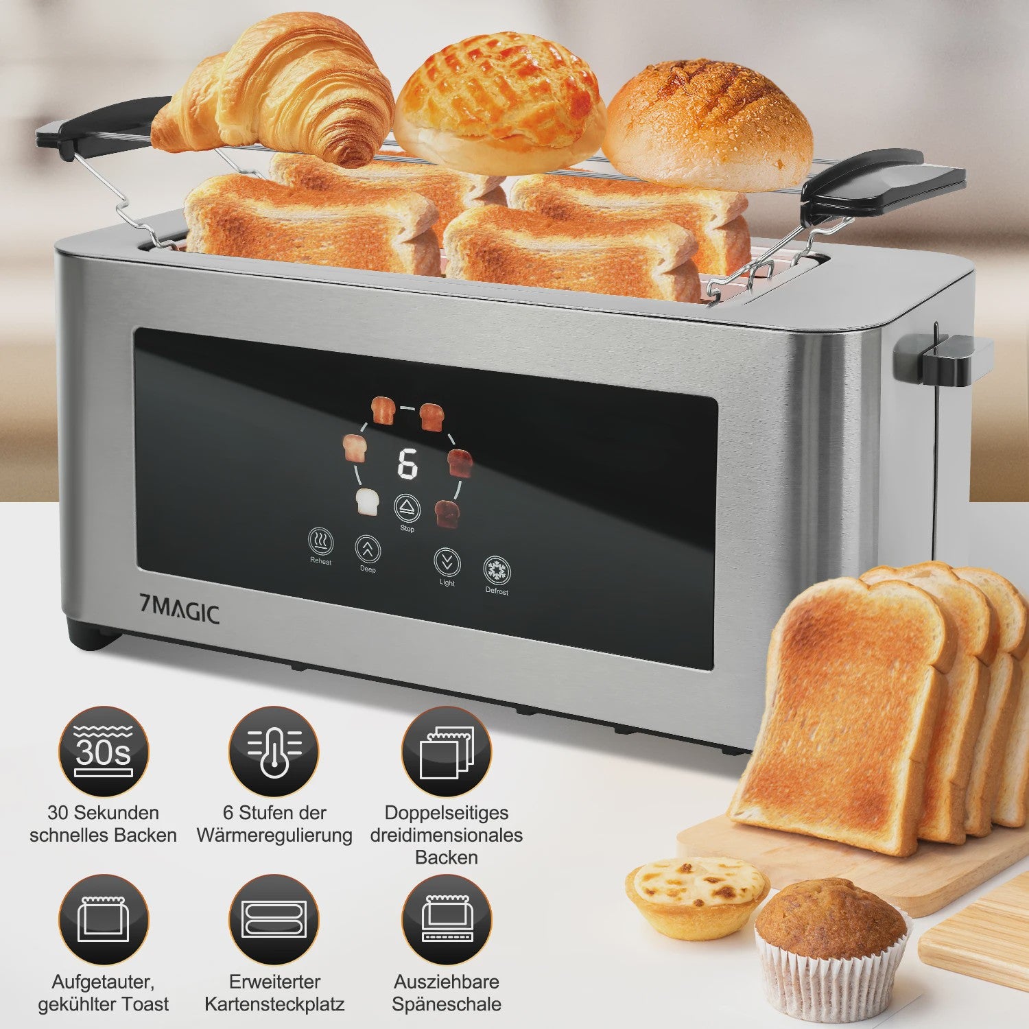 RVS Broodrooster met LCD Touch Display, 1400W, 4 Sneetjes en Broodjeshouder