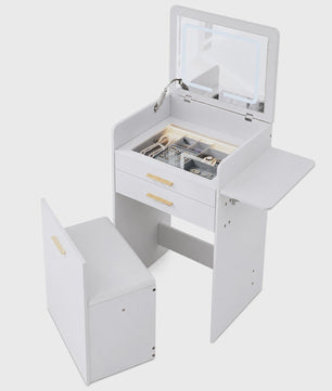 WOLTU Kaptafel met LED Spiegel, Verrijdbare Opbergkruk & Glazen Blad - 3-in-1 Make-up Tafel