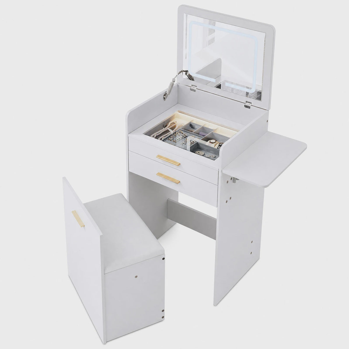 WOLTU Kaptafel met LED Spiegel, Verrijdbare Opbergkruk & Glazen Blad - 3-in-1 Make-up Tafel
