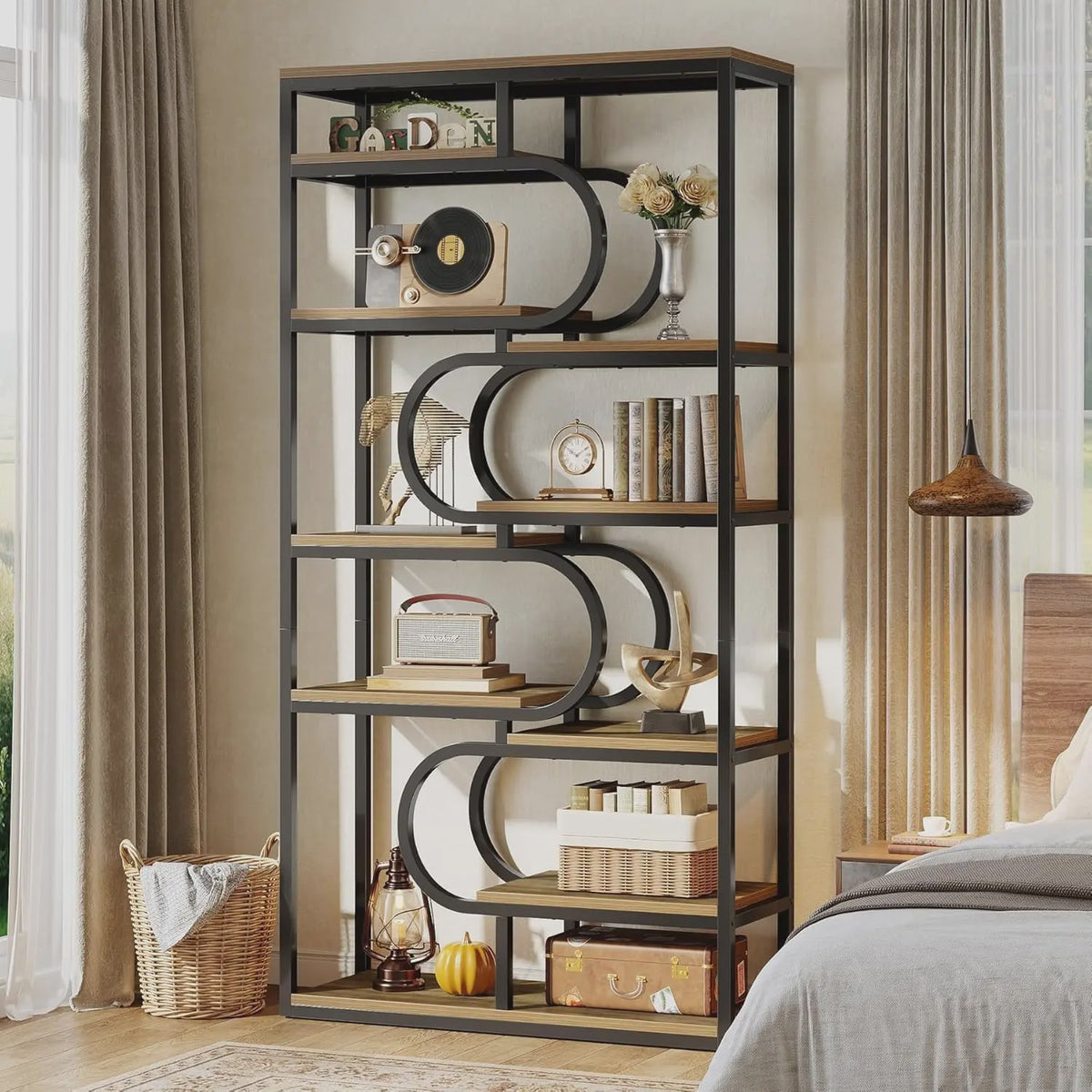 Industriële Boekenkast 180cm Hoog - 5 Lagen Open Opslag - Metaal & Hout Design