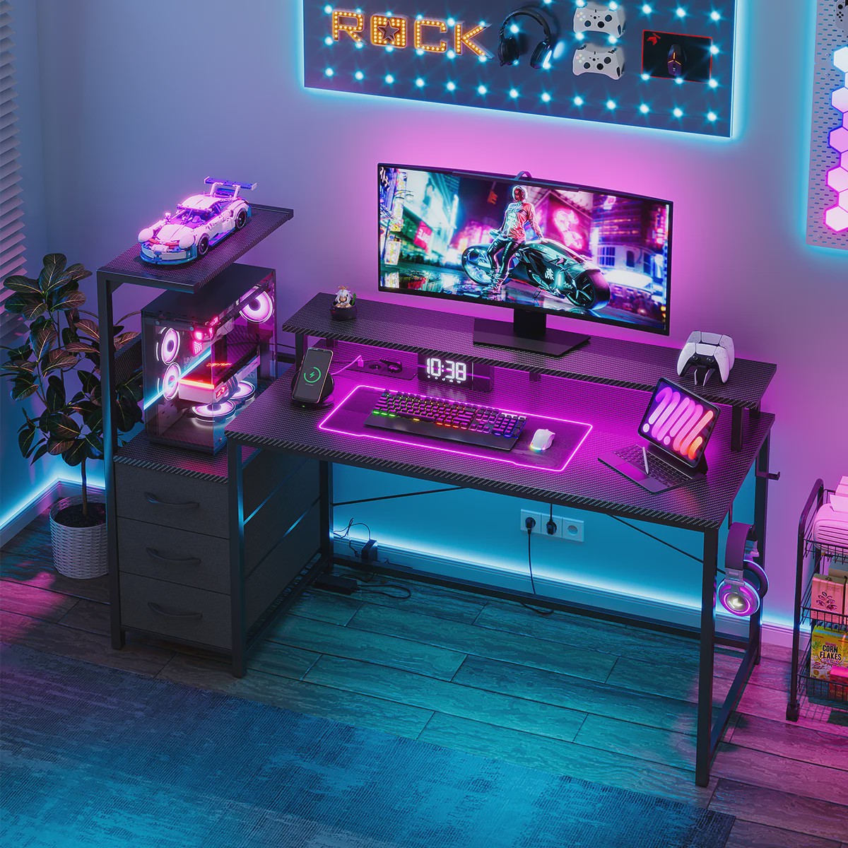 Gaming Bureau met LED Verlichting, Stopcontacten en Opbergvakken - 148x48x148 cm