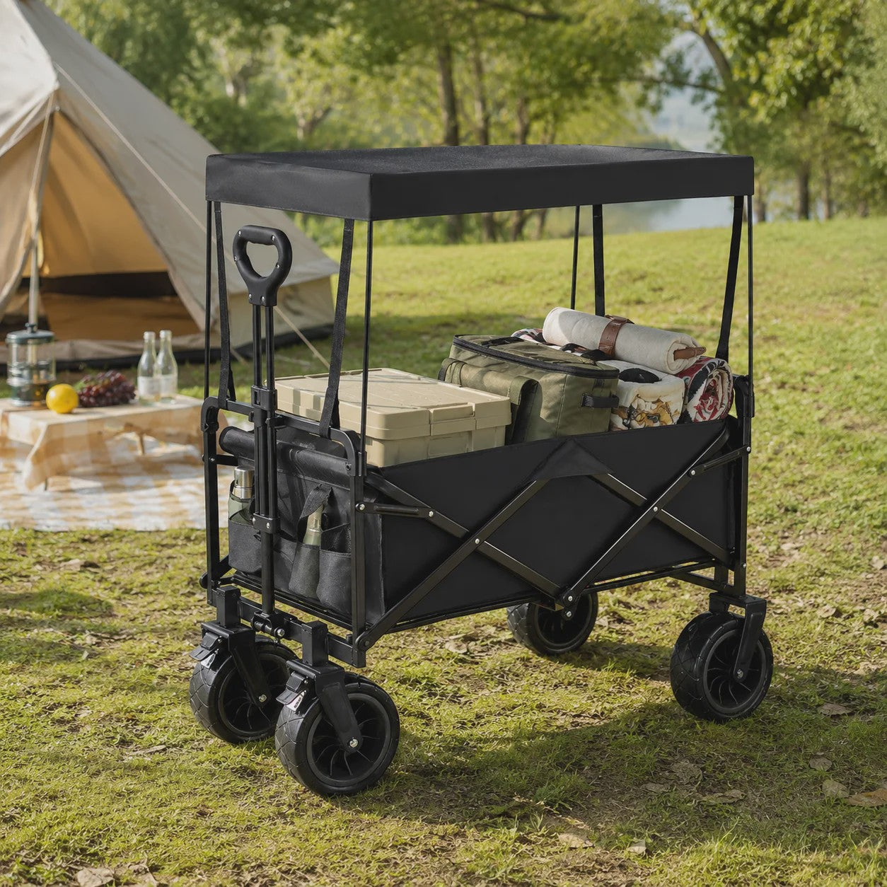 Opvouwbare Kampeerkar met Verstelbare Handgreep - 150L Grote Capaciteit, All-Terrain Wielen voor Strand, Tuin & Buiten