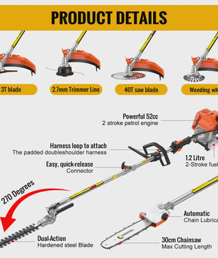 CONENTOOL 52CC 6-in-1 Benzine Tuinmachine: Grastrimmer, Heggenschaar, Kettingzaag & Meer