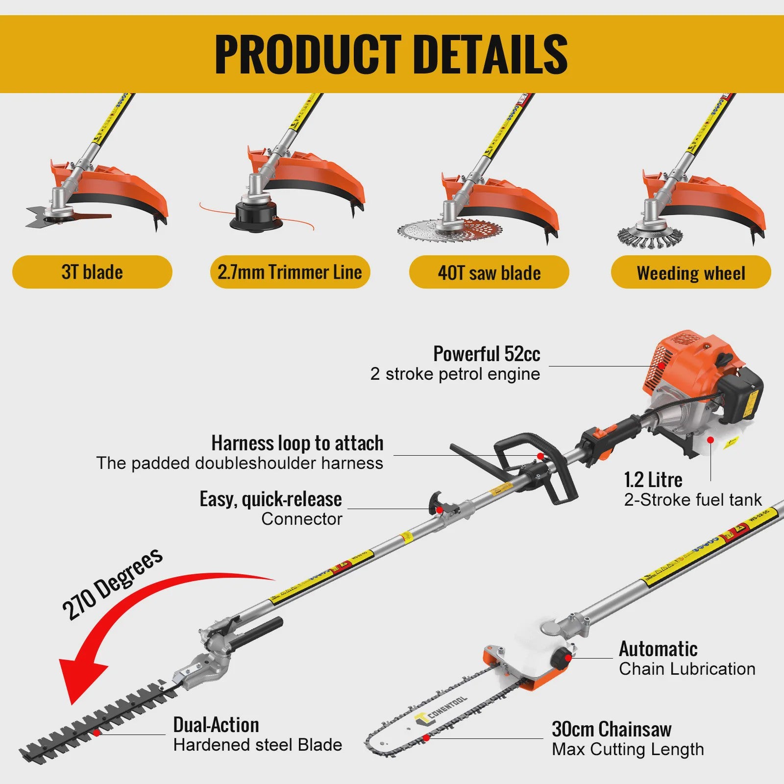 CONENTOOL 52CC 6-in-1 Benzine Tuinmachine: Grastrimmer, Heggenschaar, Kettingzaag & Meer