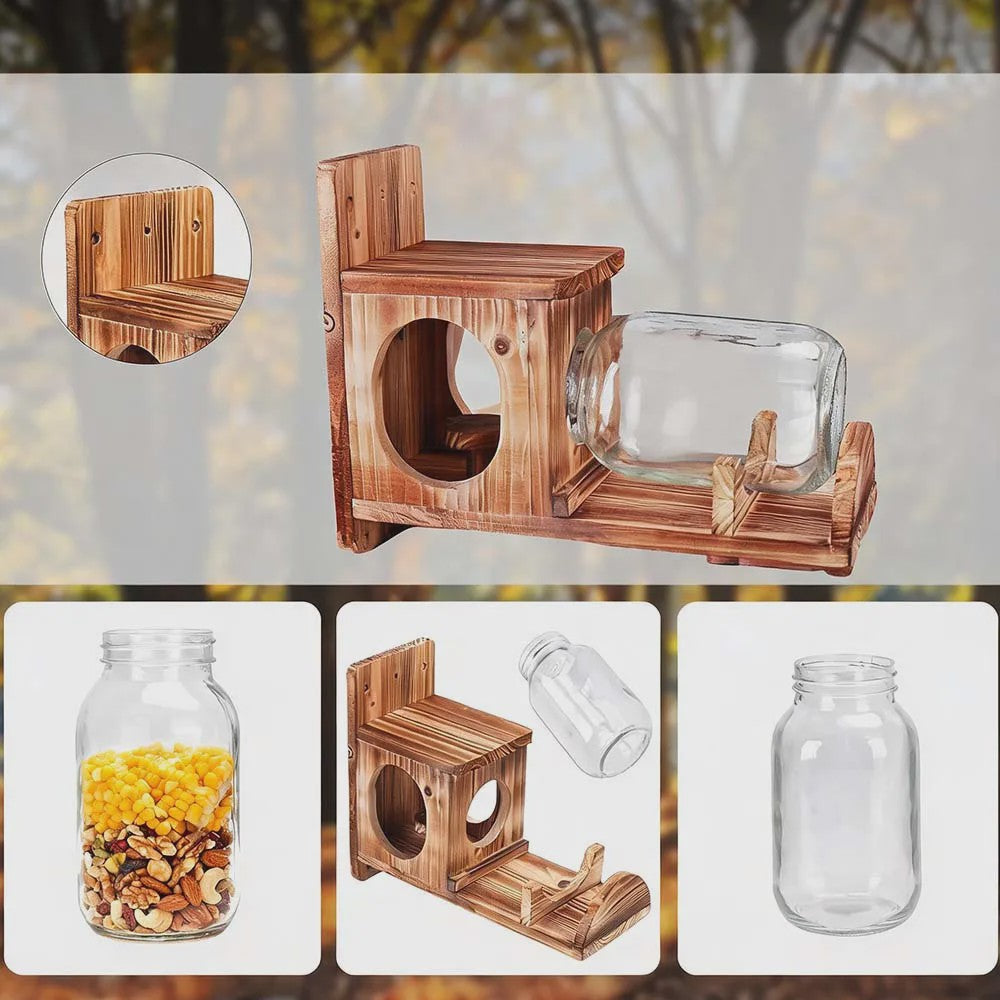 Houten Eekhoornvoerder met Glazen Pot (1L) - Winddicht & Duurzaam Buiten Voederhuisje