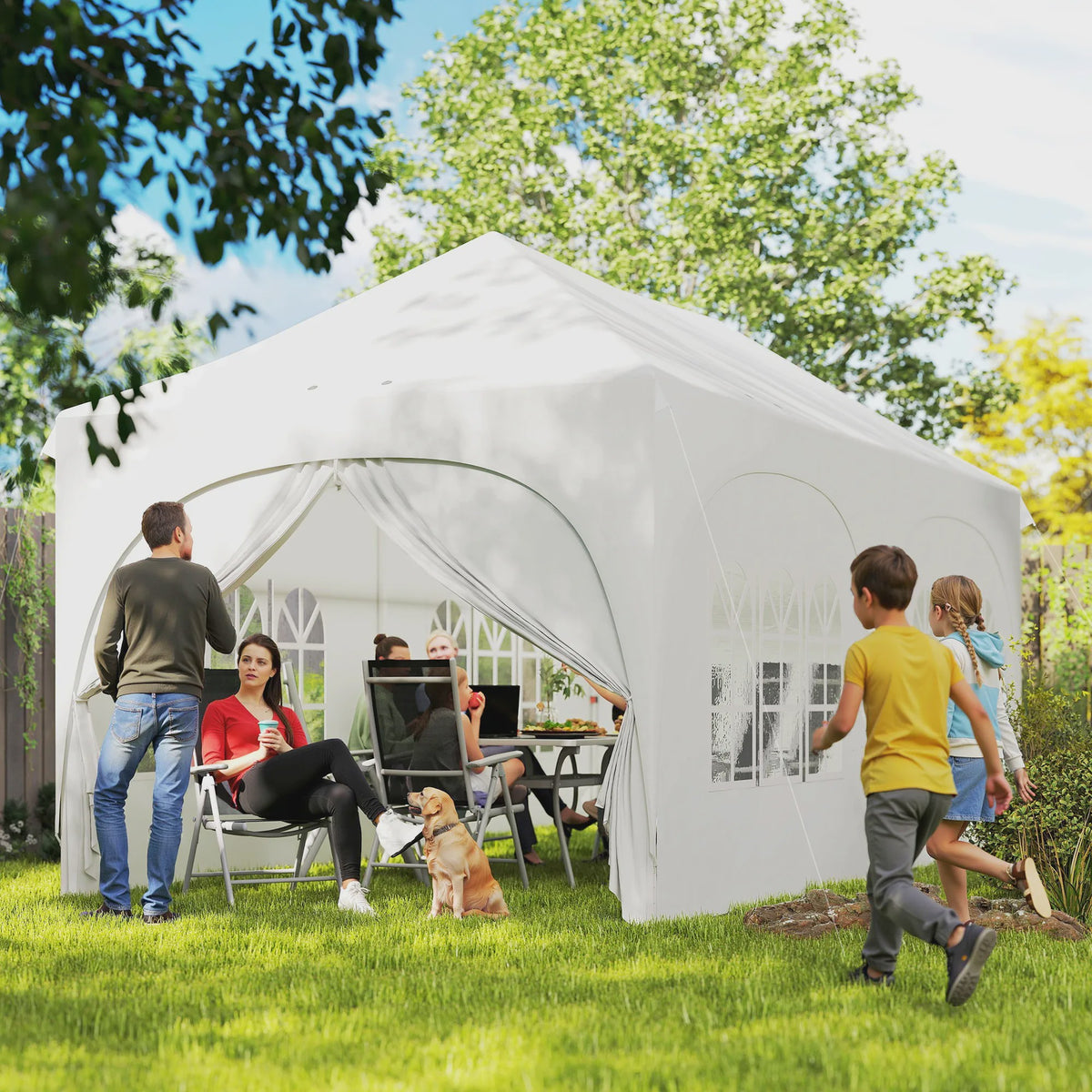 Outsunny Partytent 6x3m Pop-Up met 6 Zijwanden, Verstelbare Hoogte en Ramen