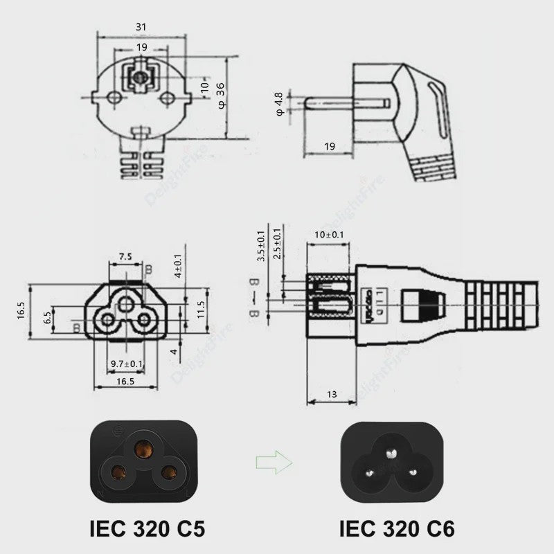 EU Stroomkabel IEC320 C5 - 0.5m, 1.2m of 5m - Voor Laptops, PC's, Monitoren & Meer