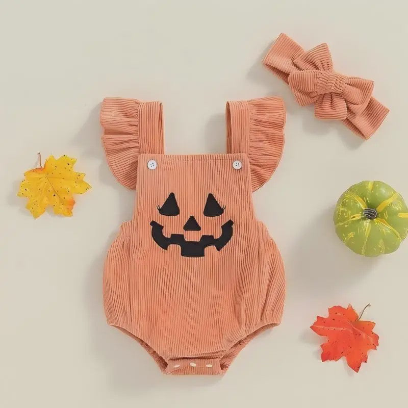 Schattige Halloween Baby Romper met Pompoenprint & Mutsje - 1-12 Maanden