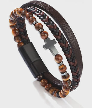 Vintage Heren Leren Armband met Kruis & Tijgeroog Kralen - Punk Stijl