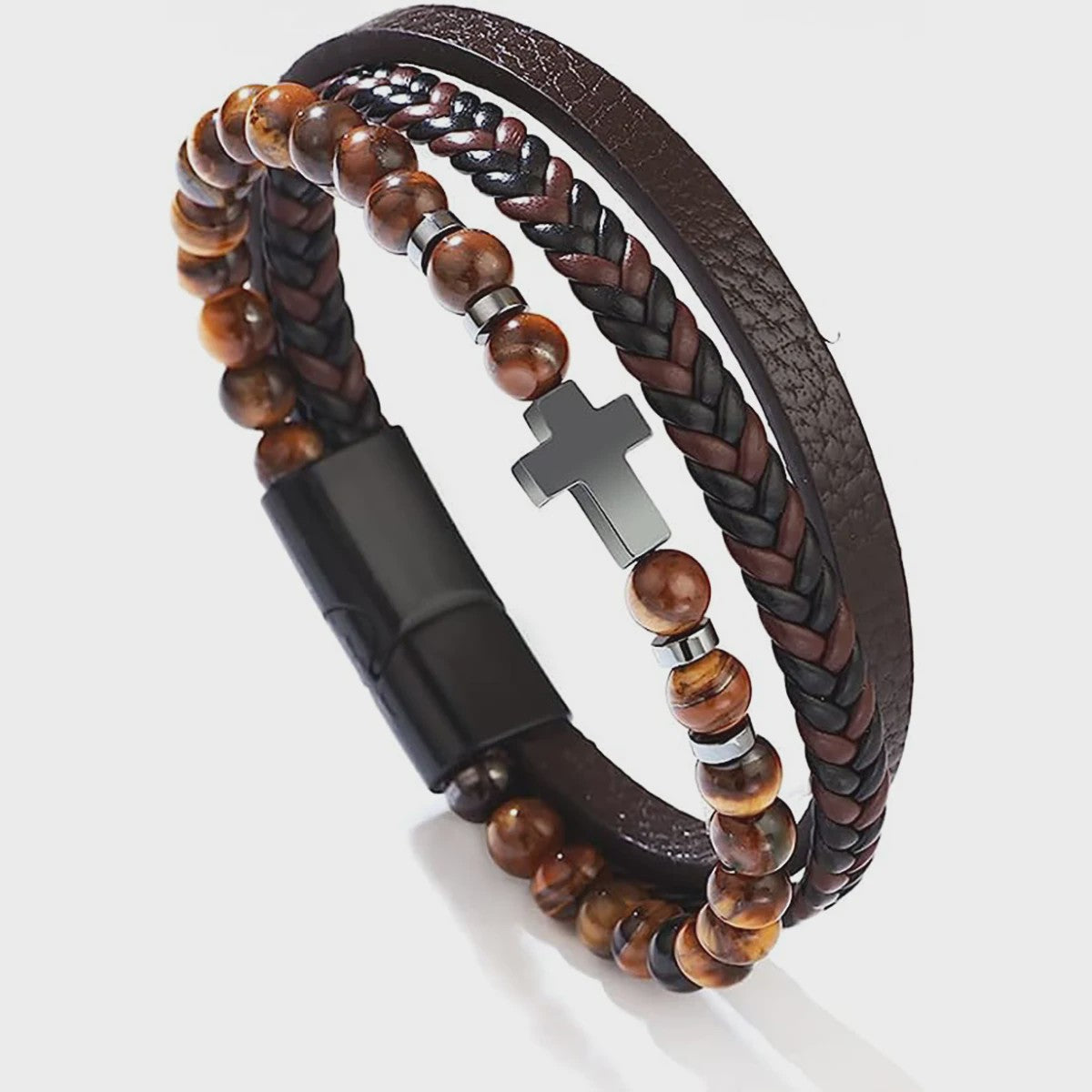 Vintage Heren Leren Armband met Kruis & Tijgeroog Kralen - Punk Stijl