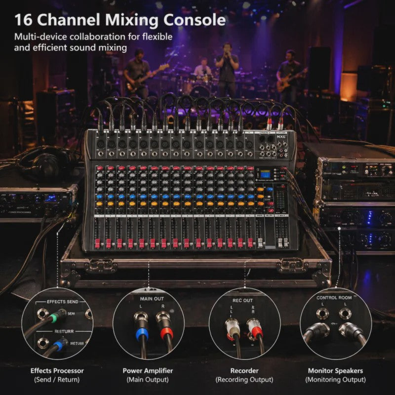 Yamnweo CT16 Professionele 16-Kanaals Audio Mixer met DSP Effecten, Bluetooth & USB