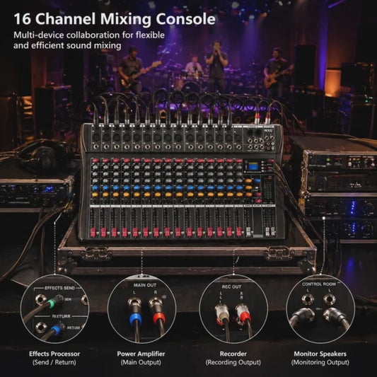 Yamnweo CT16 Professionele 16-Kanaals Audio Mixer met DSP Effecten, Bluetooth & USB