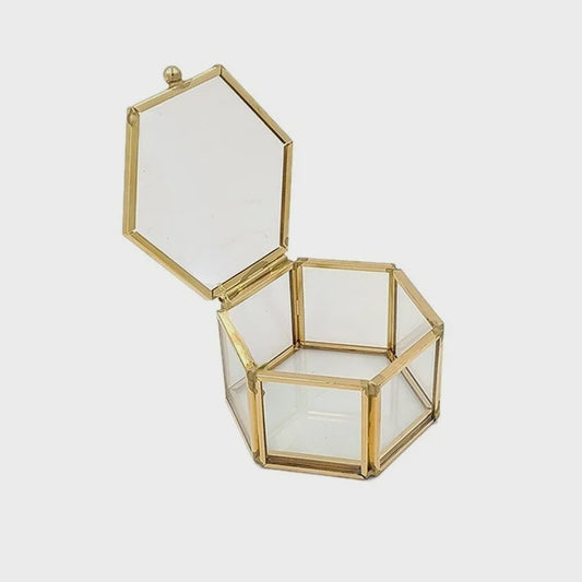 Zeshoekige Glazen Ringendoos - Transparant & Goudkleurig - Voor Sieraden & Bruiloft
