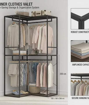 Hoek Kledingrek Wardrobe met Opslagplanken en Hangrail - 100x100x200 cm