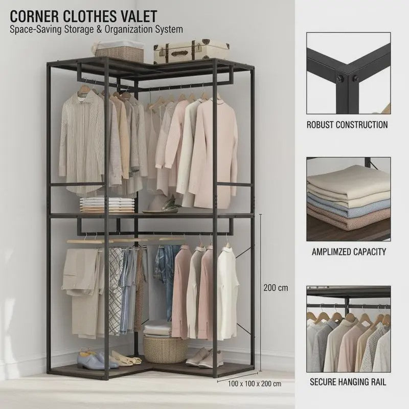 Hoek Kledingrek Wardrobe met Opslagplanken en Hangrail - 100x100x200 cm