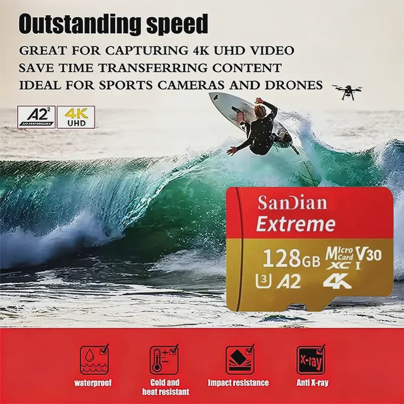SanDian Extreme Micro SDXC Kaart - V30, Class 10, A2 - Hoge Capaciteit voor Telefoon, Camera, Drone