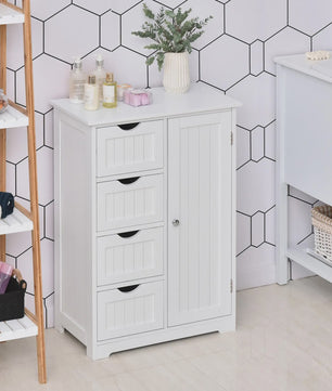 Witte Badkamerkast 56x30x83cm met 4 Lades, Plank en Anti-Tip Mechanisme