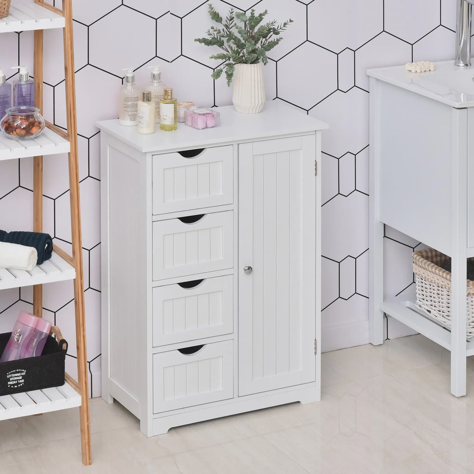 Witte Badkamerkast 56x30x83cm met 4 Lades, Plank en Anti-Tip Mechanisme