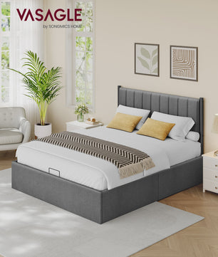 VASAGLE Bedframe 160x200 cm met Opbergruimte, Grijze Hoofdbord en Opklapbaar Lattenbodem