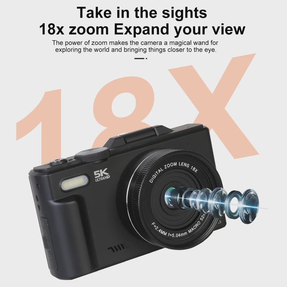 Ourlife Compacte 5K Digitale Camera: 75MP, 18x Zoom, Flip Screen, WiFi & Vlog Functies