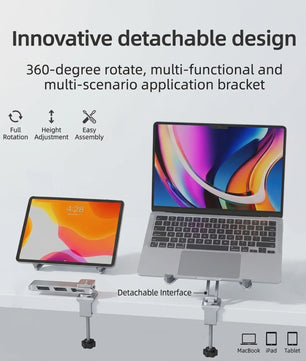 2-in-1 Afneembare Laptopstandaard met 360° Draaibare Basis & Tablet Arm - Opvouwbaar & Ruimtebesparend
