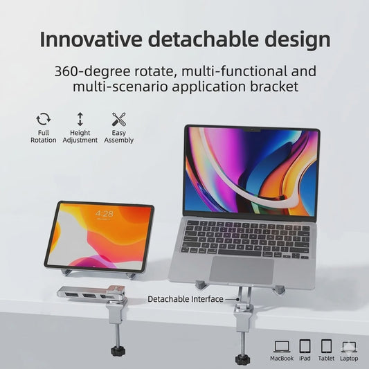 2-in-1 Afneembare Laptopstandaard met 360° Draaibare Basis & Tablet Arm - Opvouwbaar & Ruimtebesparend