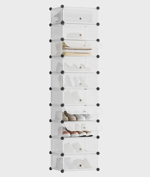 Modulaire Schoenenkast met 10 Vakken - Wit/Zwart - 47x35x170cm - Opbergkast voor Hal, Slaapkamer of Woonkamer