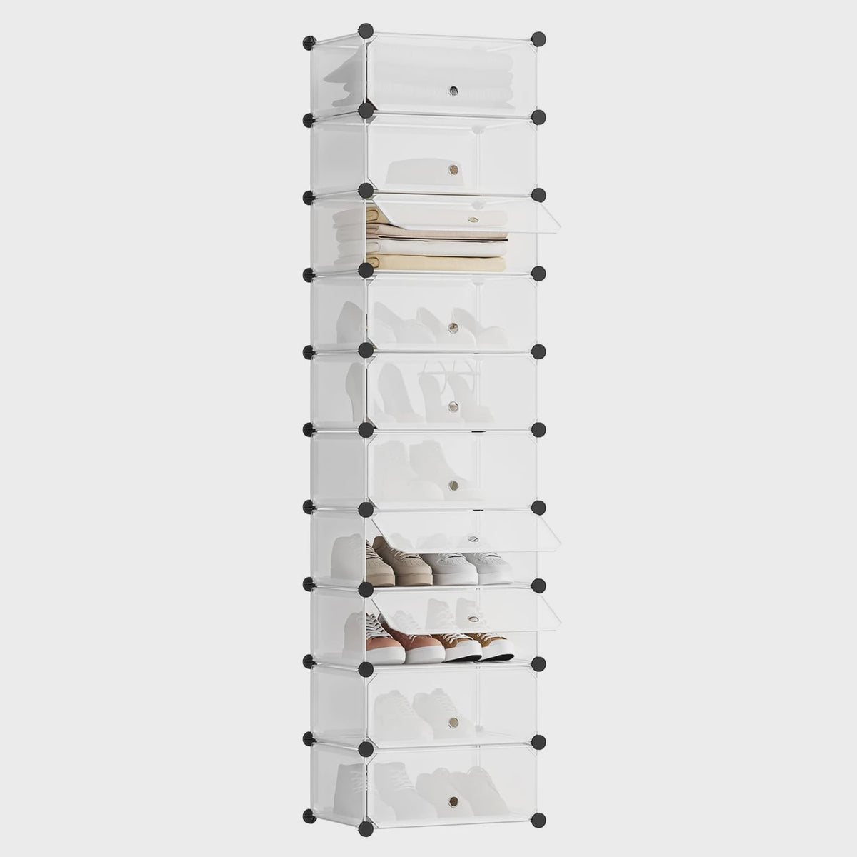 Modulaire Schoenenkast met 10 Vakken - Wit/Zwart - 47x35x170cm - Opbergkast voor Hal, Slaapkamer of Woonkamer