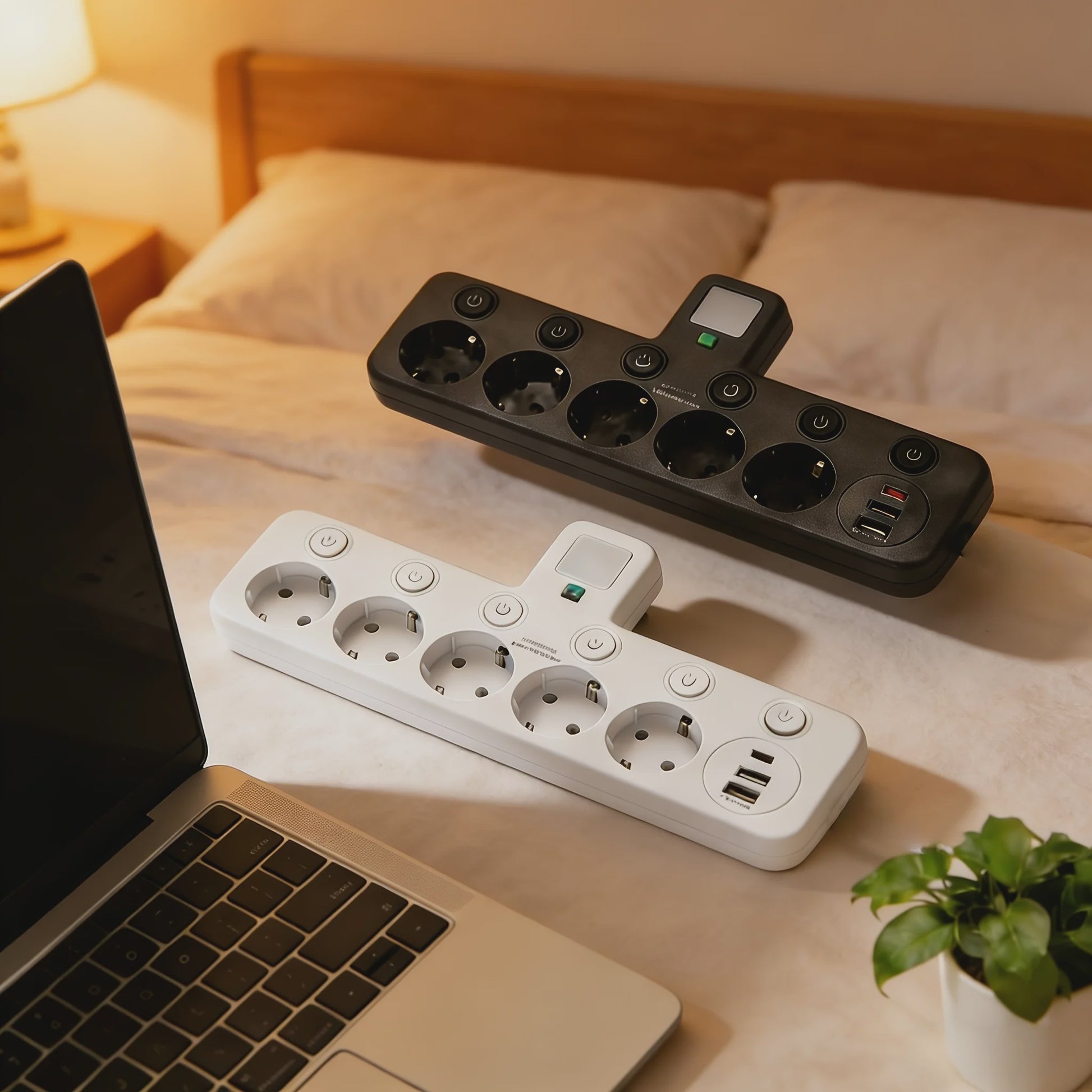 Wandcontactdoos met 5 AC-aansluitingen, 2 USB-poorten, Nachtlampje en Onafhankelijke Schakelaars