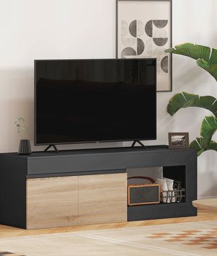 Moderne TV Meubel met 2 Deuren en Open Compartiment - Zwart/Houtkleur - Tot 60 Inch