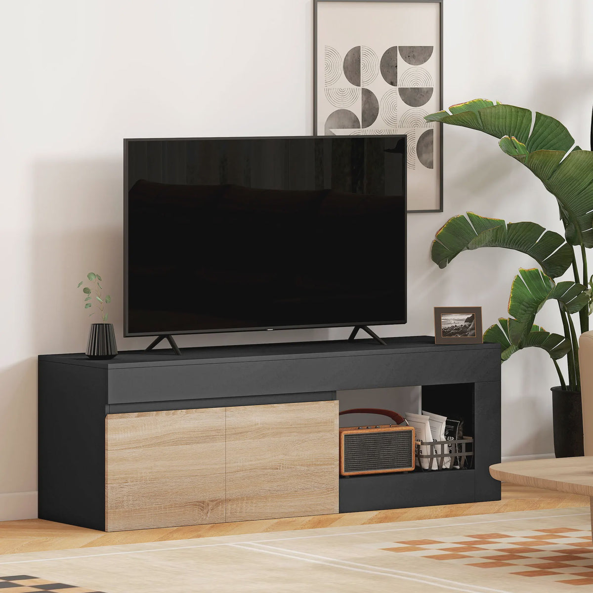 Moderne TV Meubel met 2 Deuren en Open Compartiment - Zwart/Houtkleur - Tot 60 Inch