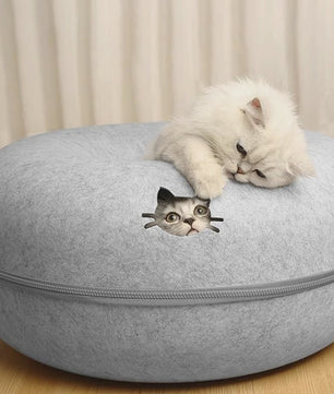 Felt Donut Kattenmand - 2-in-1 Huisje, Tunnel & Speelplek voor Katten en Kleine Honden
