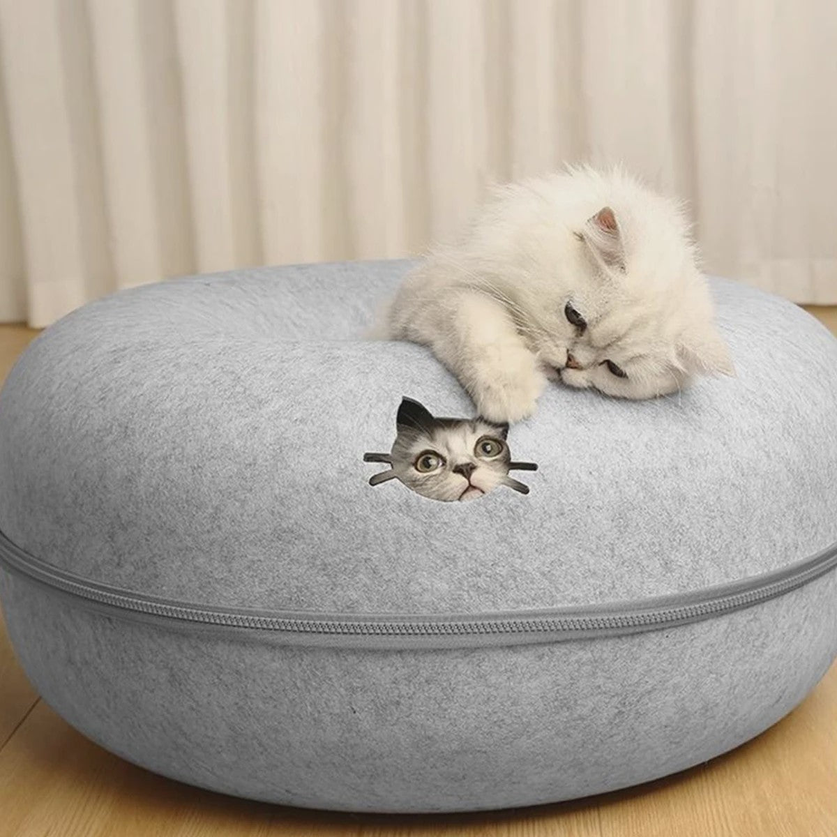 Felt Donut Kattenmand - 2-in-1 Huisje, Tunnel & Speelplek voor Katten en Kleine Honden