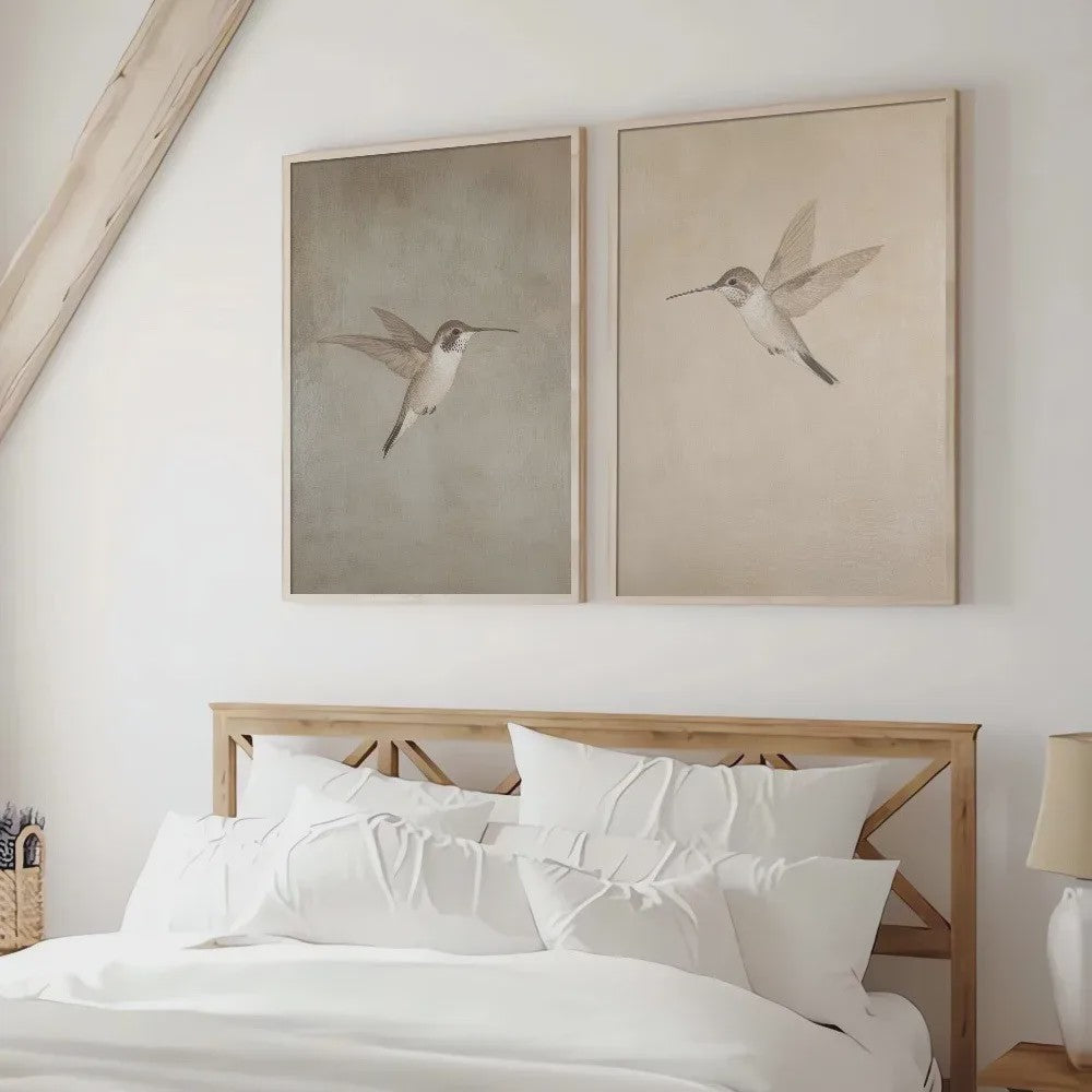 Set van 2 Frameloze Retro Kolibrie Canvas Posters - Landelijke Stijl Wanddecoratie
