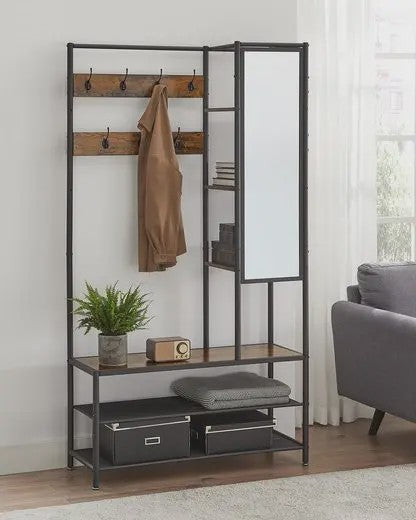 VASAGLE Kapstok met Schoenenbank, Spiegel en Opbergvakken - 35x98x182 cm - Industrieel Design