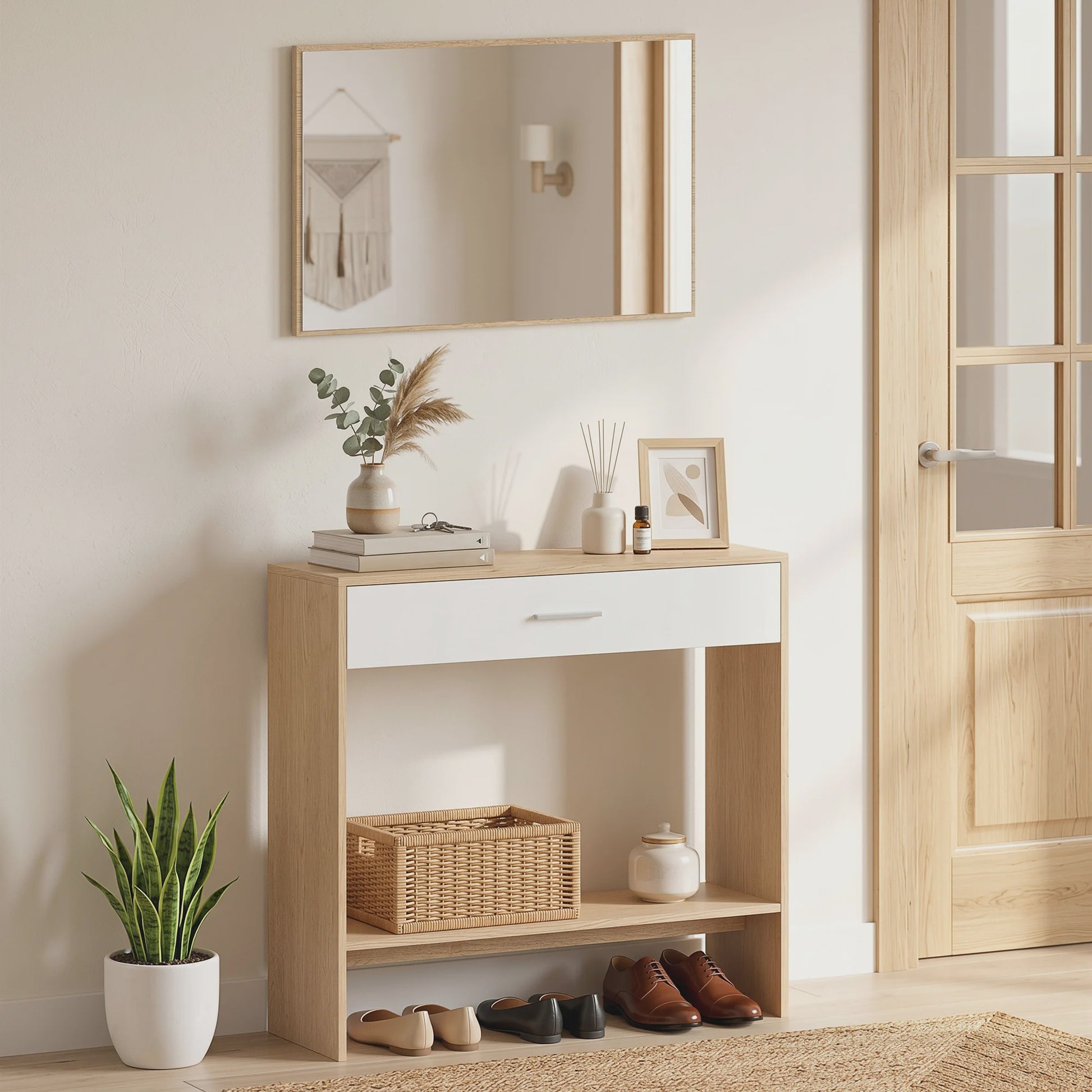 Homcom Halmeubel met Spiegel, Lade en Plank - Entree Console Tafel