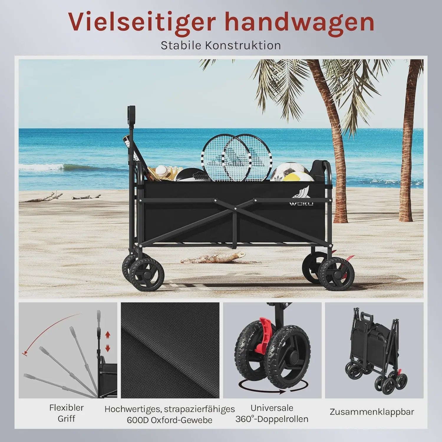WOLTU Transportkar met Remmen - Opvouwbare Steekwagen voor Tuin, Camping & Strand